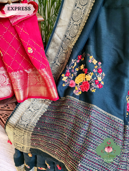 Zynah Bottle Green Munga Silk Saree With Zari Borders And Frenchknot & Kantha Embroidery; Custom Stitched/Ready-made Blouse, Fall, Petticoat; SKU: 1804202302
