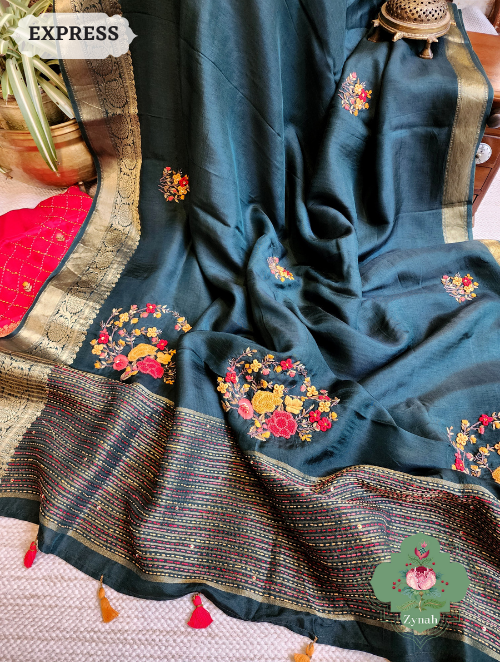 Zynah Bottle Green Munga Silk Saree With Zari Borders And Frenchknot & Kantha Embroidery; Custom Stitched/Ready-made Blouse, Fall, Petticoat; SKU: 1804202302