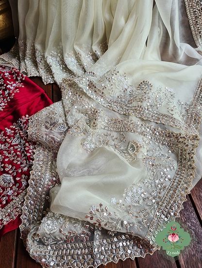 Zynah Cream Colour Pure Organza Silk Saree With Petal Shaped Silver Sequin Work, Pearl Beads & Cutdana Handwork; Custom Stitched/Ready-made Blouse, Fall, Petticoat; SKU: 1001202302
