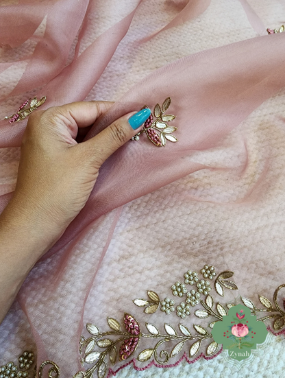 Zynah Dusty Pink Organza Saree With Gotta Patti, Cutdana & Thread Embroidery With Sequins Highlights; Custom Stitched/Ready-made Blouse, Fall, Petticoat; SKU: 1703202303