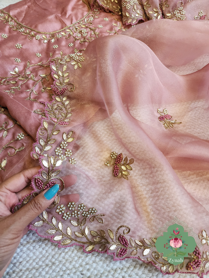 Zynah Dusty Pink Organza Saree With Gotta Patti, Cutdana & Thread Embroidery With Sequins Highlights; Custom Stitched/Ready-made Blouse, Fall, Petticoat; SKU: 1703202303