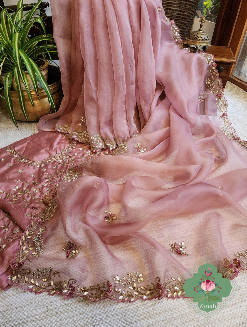 Zynah Dusty Pink Organza Saree With Gotta Patti, Cutdana & Thread Embroidery With Sequins Highlights; Custom Stitched/Ready-made Blouse, Fall, Petticoat; SKU: 1703202303
