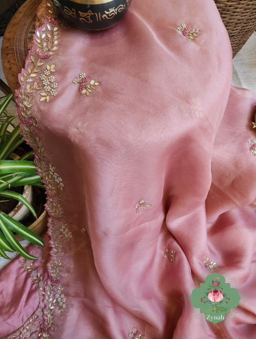 Zynah Dusty Pink Organza Saree With Gotta Patti, Cutdana & Thread Embroidery With Sequins Highlights; Custom Stitched/Ready-made Blouse, Fall, Petticoat; SKU: 1703202303