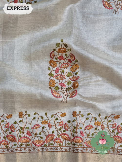 Zynah Embroidered Tussar Silk Saree, Pichwai Inpired Lotus & Floral Motifs ; Custom Stitched/Ready-made Blouse, Fall, Petticoat; SKU: 0203202302