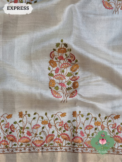 Zynah Embroidered Tussar Silk Saree, Pichwai Inpired Lotus & Floral Motifs ; Custom Stitched/Ready-made Blouse, Fall, Petticoat; SKU: 0203202302