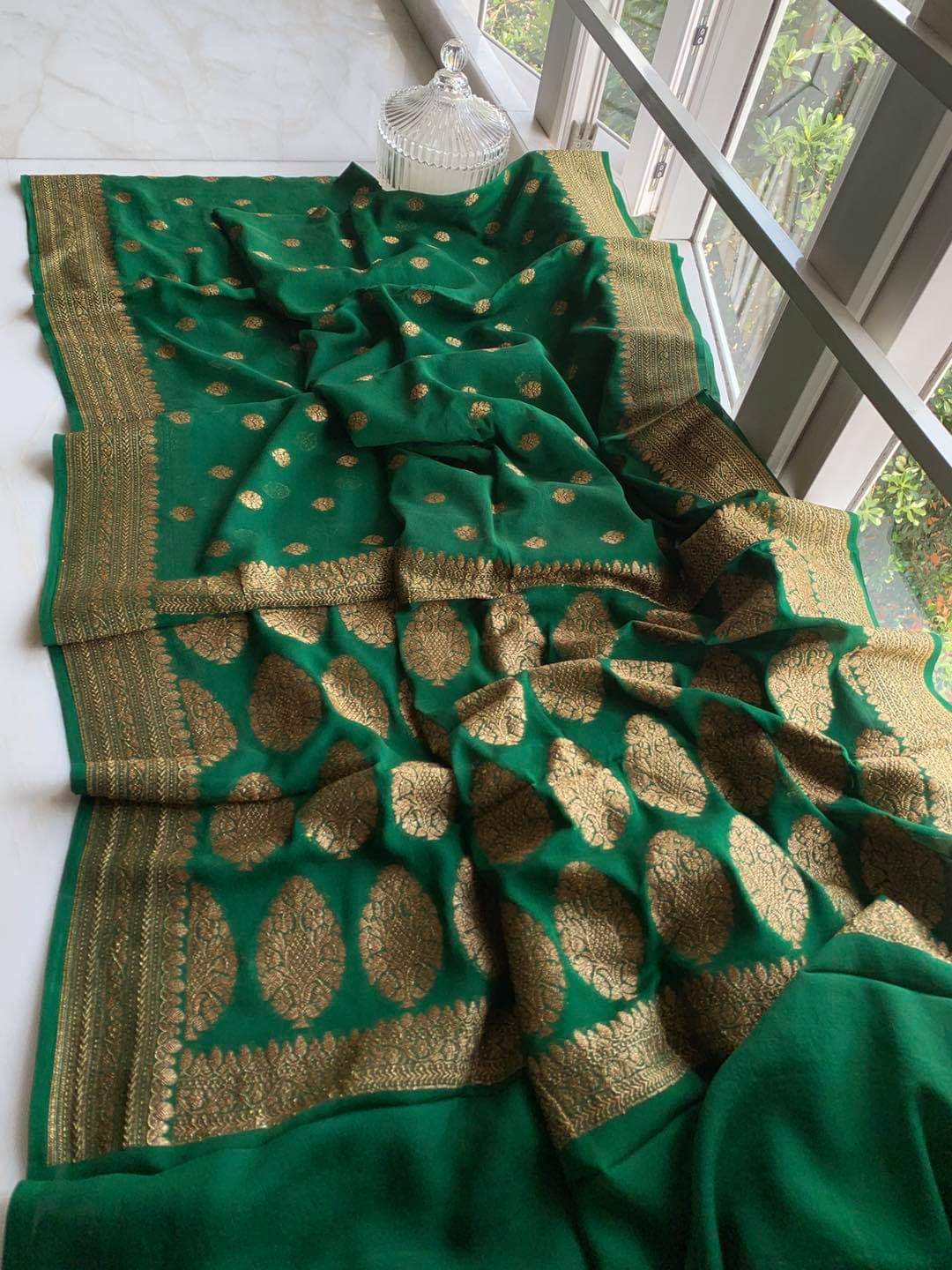 Zynah Pure Handloom Banarasi Woven Khaddi Georgette Saree with Antique Zari Weave; Custom Stitched/Ready-made Blouse, Fall, Petticoat; Shipping available USA, Worldwide
