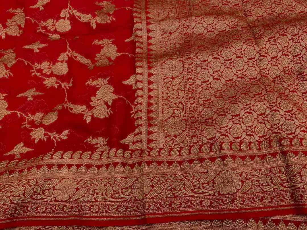 Zynah Pure Handloom Banarasi Woven Khaddi Georgette Saree with Antique Zari Weave; Custom Stitched/Ready-made Blouse, Fall, Petticoat; Shipping available USA, Worldwide
