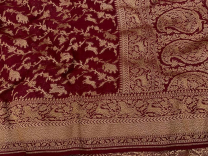 Zynah Pure Banarasi Woven Khaddi Georgette Saree with Antique Zari Shikargah Design Weave; Custom Stitched/Ready-made Blouse, Fall, Petticoat; Shipping available USA, Worldwide