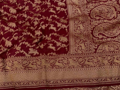 Zynah Pure Banarasi Woven Khaddi Georgette Saree with Antique Zari Shikargah Design Weave; Custom Stitched/Ready-made Blouse, Fall, Petticoat; Shipping available USA, Worldwide