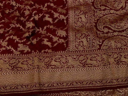 Zynah Pure Banarasi Woven Khaddi Georgette Saree with Antique Zari Shikargah Design Weave; Custom Stitched/Ready-made Blouse, Fall, Petticoat; Shipping available USA, Worldwide