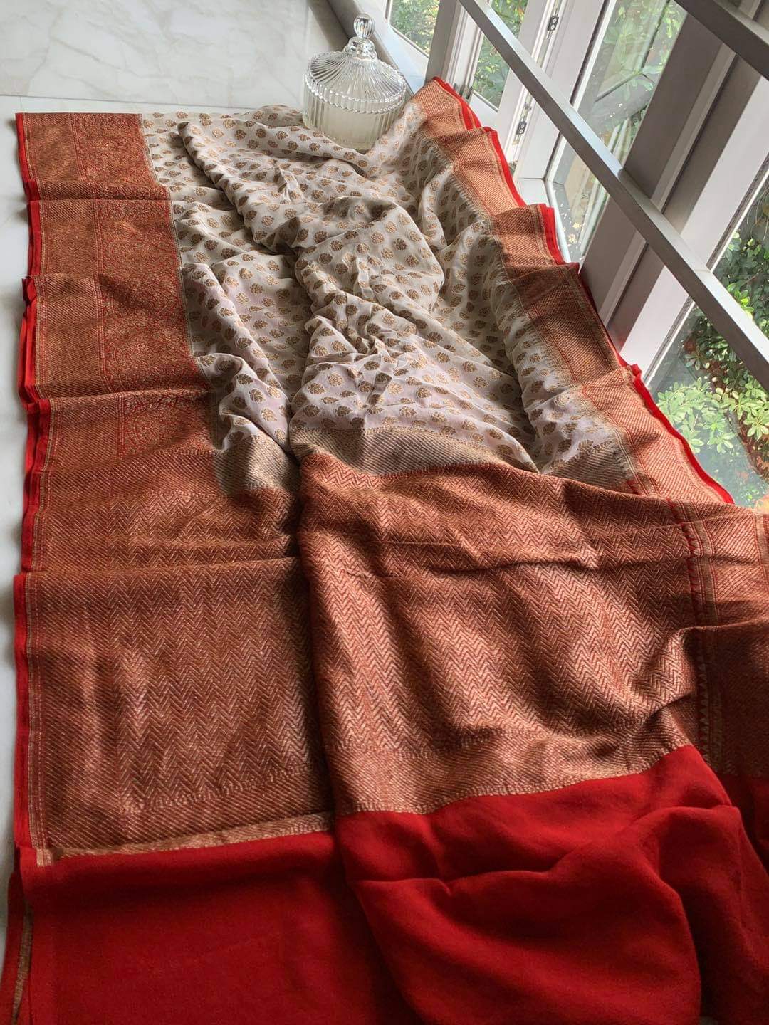Zynah Pure Handloom Banarasi Woven Khaddi Georgette Saree with Antique Zari Weave; Custom Stitched/Ready-made Blouse, Fall, Petticoat; Shipping available USA, Worldwide