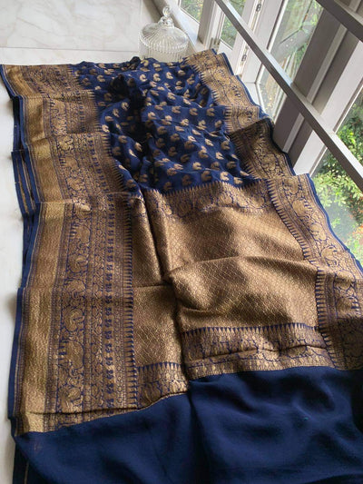 Zynah Pure Handloom Banarasi Woven Khaddi Georgette Saree with Antique Zari Weave; Custom Stitched/Ready-made Blouse, Fall, Petticoat; Shipping available USA, Worldwide