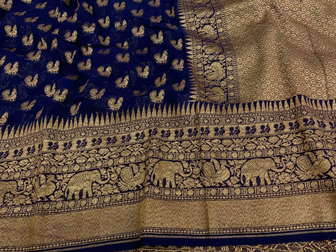 Zynah Pure Handloom Banarasi Woven Khaddi Georgette Saree with Antique Zari Weave; Custom Stitched/Ready-made Blouse, Fall, Petticoat; Shipping available USA, Worldwide