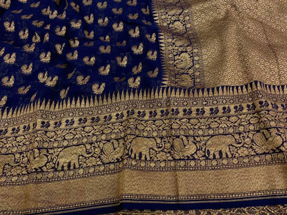 Zynah Pure Handloom Banarasi Woven Khaddi Georgette Saree with Antique Zari Weave; Custom Stitched/Ready-made Blouse, Fall, Petticoat; Shipping available USA, Worldwide