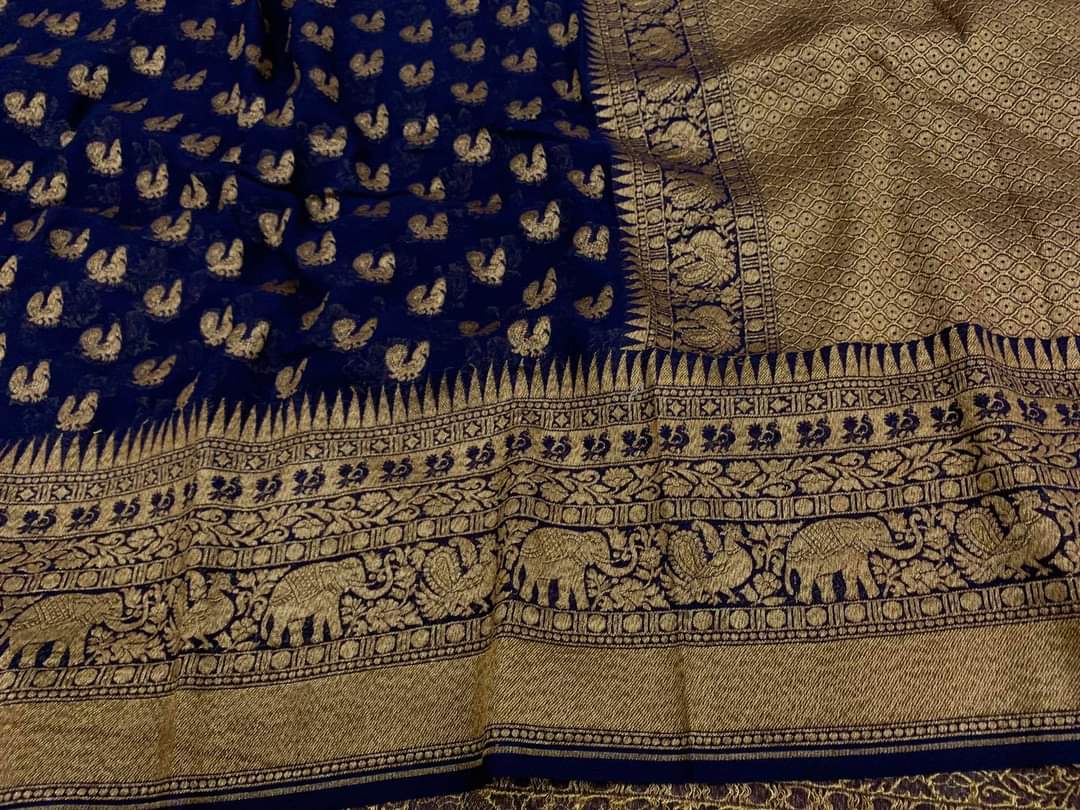 Zynah Pure Handloom Banarasi Woven Khaddi Georgette Saree with Antique Zari Weave; Custom Stitched/Ready-made Blouse, Fall, Petticoat; Shipping available USA, Worldwide