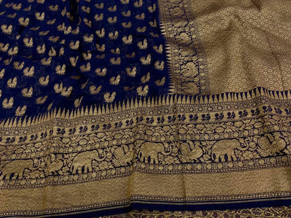 Zynah Pure Handloom Banarasi Woven Khaddi Georgette Saree with Antique Zari Weave; Custom Stitched/Ready-made Blouse, Fall, Petticoat; Shipping available USA, Worldwide