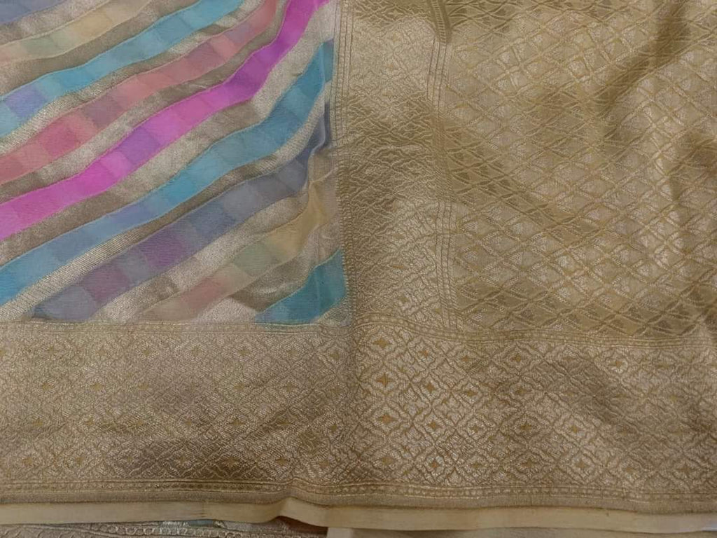 Zynah Handloom Khaddi Georgette Saree with Diagonal Stripes; Custom Stitched/Ready-made Blouse, Fall, Petticoat; Shipping available USA, Worldwide