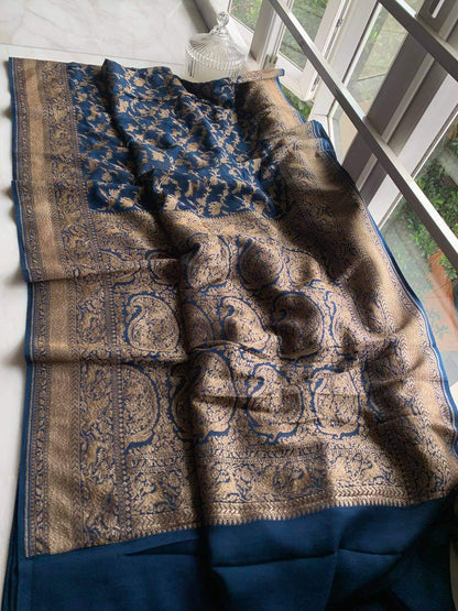 Zynah Pure Banarasi Woven Khaddi Georgette Saree with Antique Zari Shikargah Design Weave; Custom Stitched/Ready-made Blouse, Fall, Petticoat; Shipping available USA, Worldwide