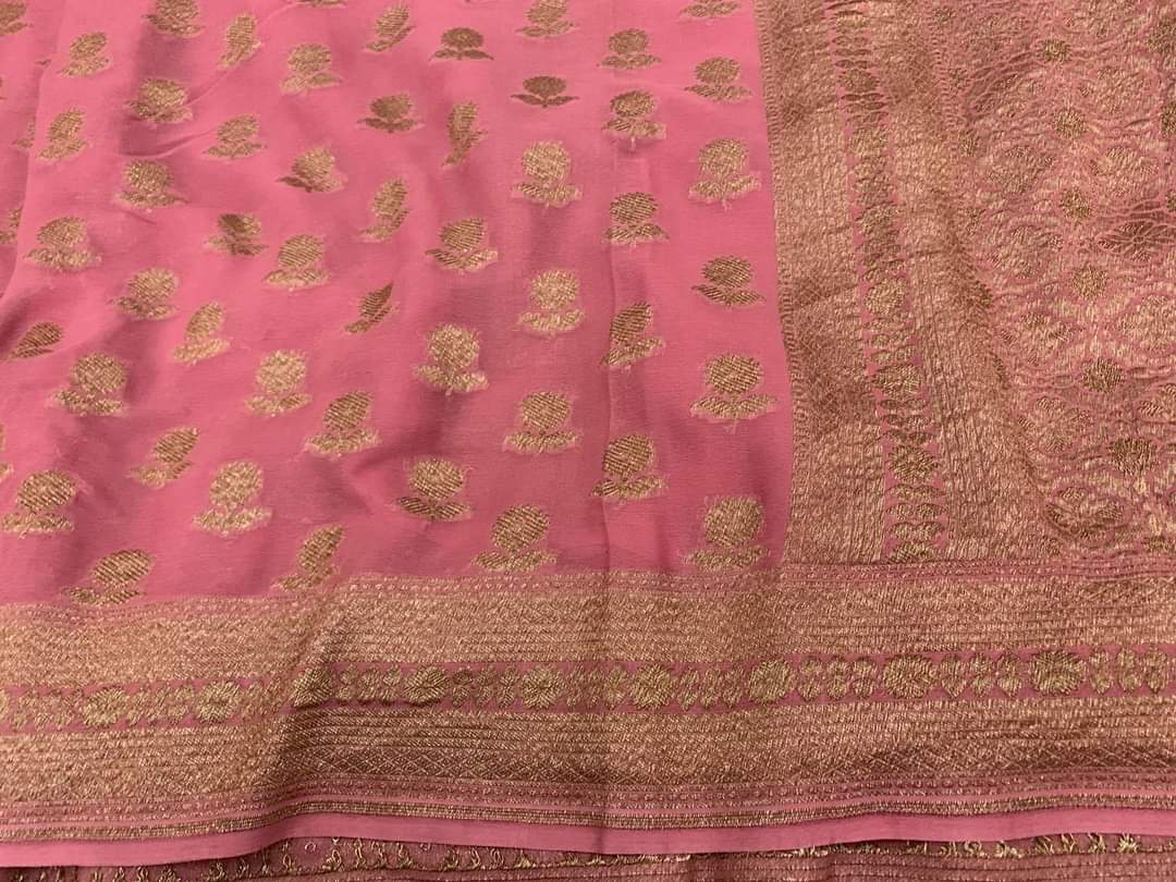 Zynah Pure Handloom Banarasi Woven Khaddi Georgette Saree with Antique Zari Weave; Custom Stitched/Ready-made Blouse, Fall, Petticoat; Shipping available USA, Worldwide