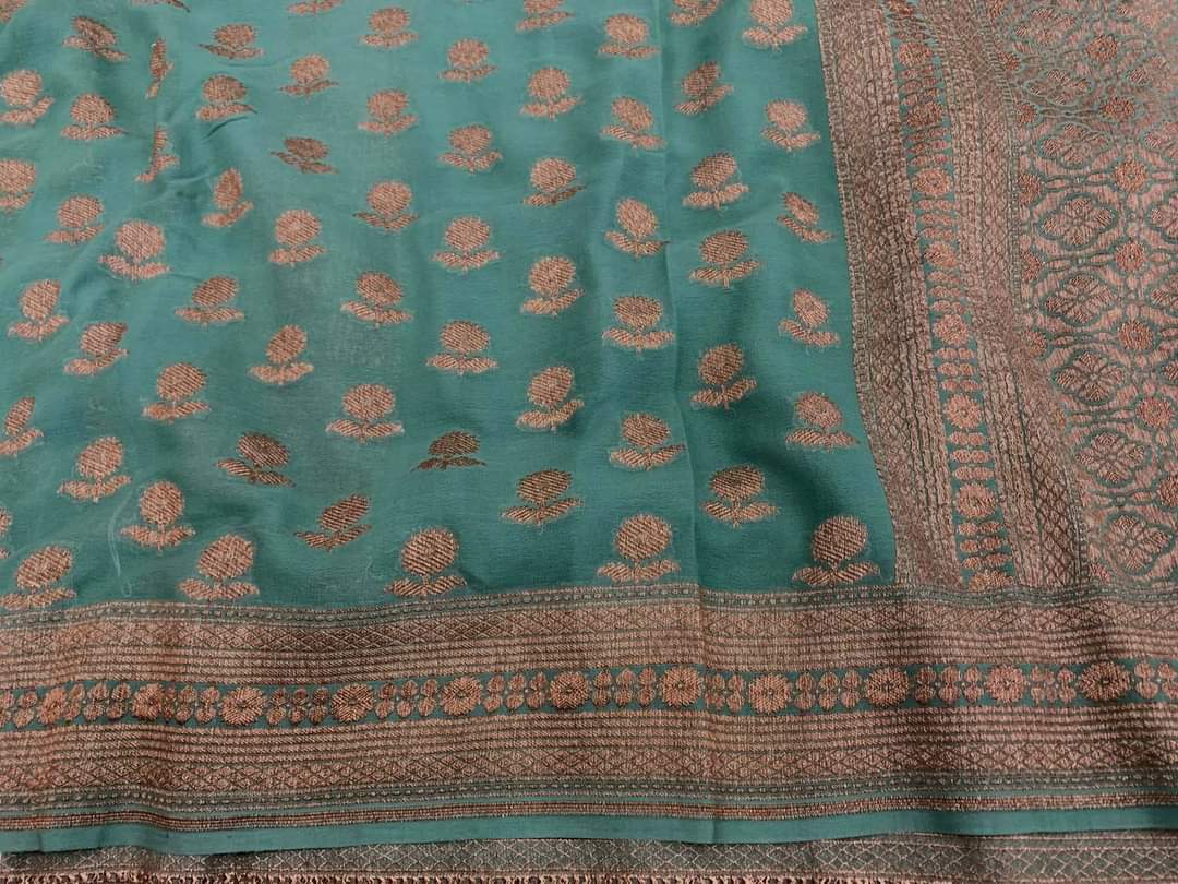 Zynah Pure Handloom Banarasi Woven Khaddi Georgette Saree with Antique Zari Weave; Custom Stitched/Ready-made Blouse, Fall, Petticoat; Shipping available USA, Worldwide
