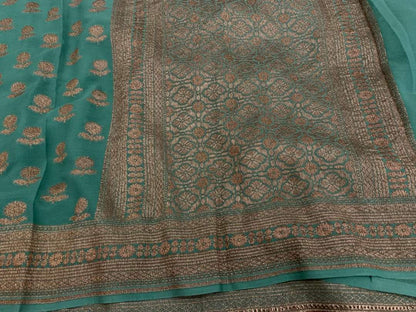 Zynah Pure Handloom Banarasi Woven Khaddi Georgette Saree with Antique Zari Weave; Custom Stitched/Ready-made Blouse, Fall, Petticoat; Shipping available USA, Worldwide