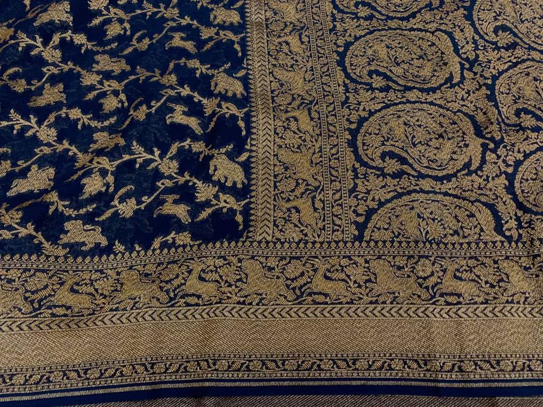 Zynah Pure Banarasi Woven Khaddi Georgette Saree with Antique Zari Shikargah Design Weave; Custom Stitched/Ready-made Blouse, Fall, Petticoat; Shipping available USA, Worldwide