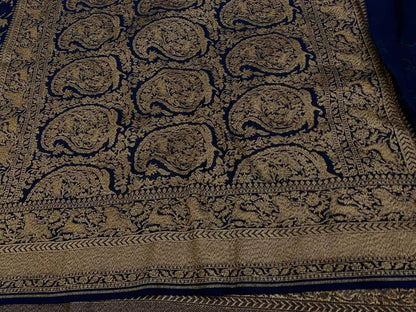 Zynah Pure Banarasi Woven Khaddi Georgette Saree with Antique Zari Shikargah Design Weave; Custom Stitched/Ready-made Blouse, Fall, Petticoat; Shipping available USA, Worldwide