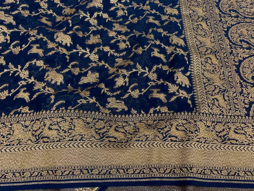 Zynah Pure Banarasi Woven Khaddi Georgette Saree with Antique Zari Shikargah Design Weave; Custom Stitched/Ready-made Blouse, Fall, Petticoat; Shipping available USA, Worldwide