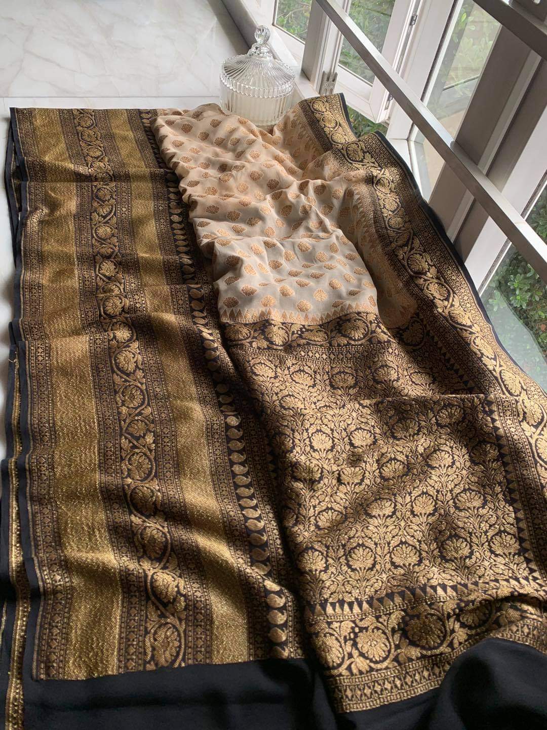 Zynah Pure Handloom Banarasi Woven Khaddi Georgette Saree with Antique Zari Weave; Custom Stitched/Ready-made Blouse, Fall, Petticoat; Shipping available USA, Worldwide