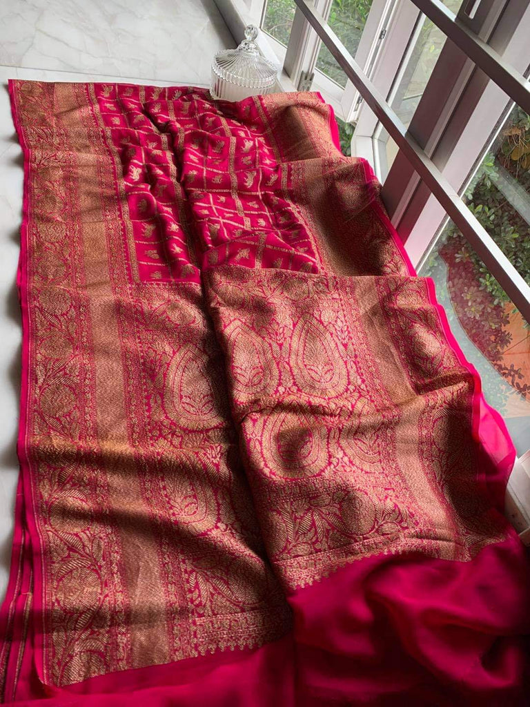 Zynah Pure Banarasi Woven Khaddi Georgette Saree with Shikargah Design & Checks Weave; Custom Stitched/Ready-made Blouse, Fall, Petticoat; Shipping available USA, Worldwide