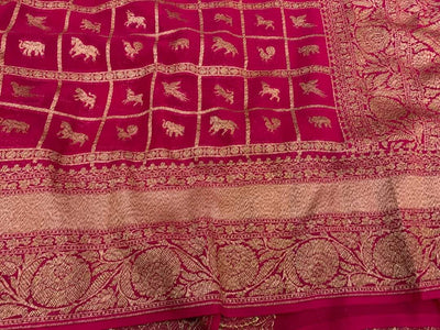 Zynah Pure Banarasi Woven Khaddi Georgette Saree with Shikargah Design & Checks Weave; Custom Stitched/Ready-made Blouse, Fall, Petticoat; Shipping available USA, Worldwide