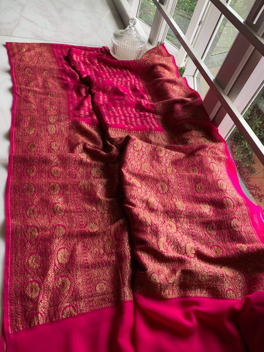Zynah Pure Handloom Banarasi Woven Khaddi Georgette Saree with Antique Zari Weave; Custom Stitched/Ready-made Blouse, Fall, Petticoat; Shipping available USA, Worldwide