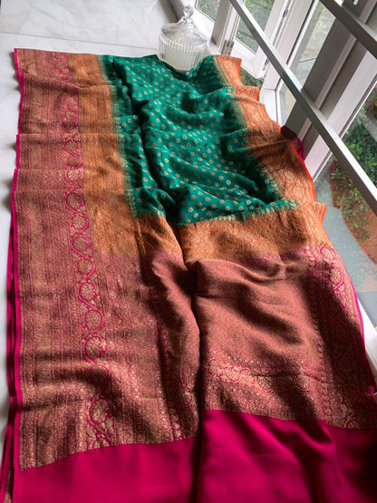 Zynah Pure Handloom Banarasi Woven Khaddi Georgette Saree with Antique Zari Weave, Big Border ; Custom Stitched/Ready-made Blouse, Fall, Petticoat; Shipping available USA, Worldwide