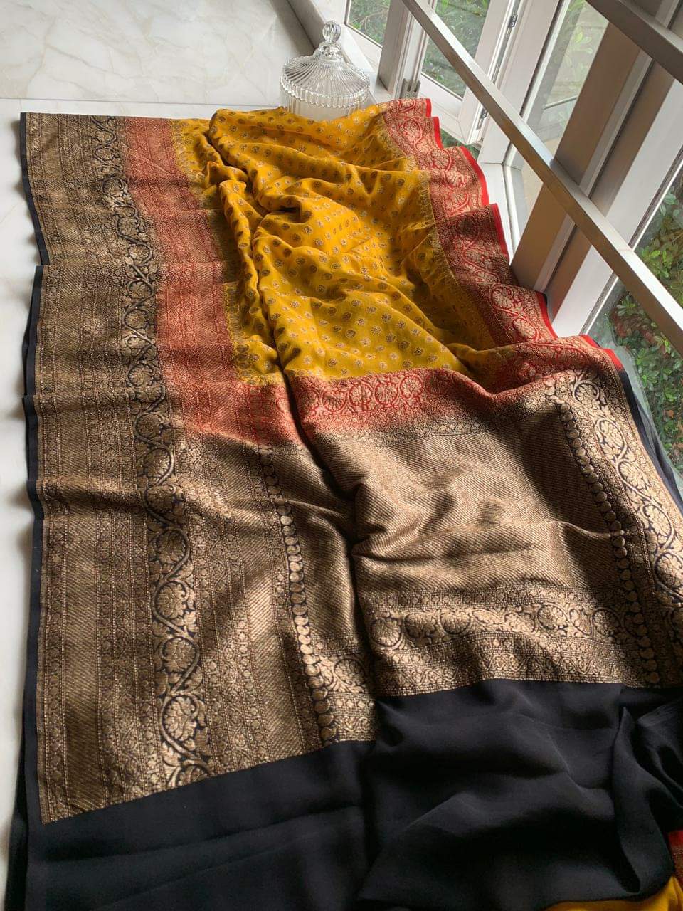 Zynah Pure Handloom Banarasi Woven Khaddi Georgette Saree with Antique Zari Weave, Big Border ; Custom Stitched/Ready-made Blouse, Fall, Petticoat; Shipping available USA, Worldwide