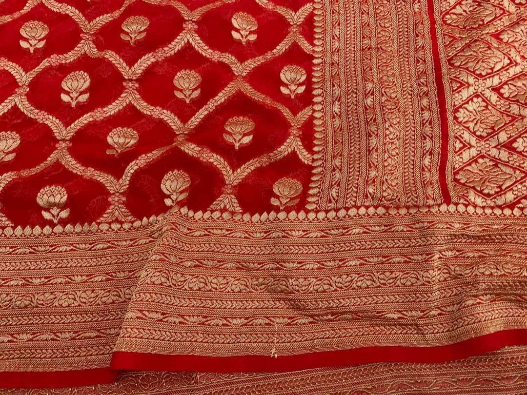 Zynah Pure Handloom Banarasi Woven Khaddi Georgette Saree with Antique Zari Weave; Custom Stitched/Ready-made Blouse, Fall, Petticoat; Shipping available USA, Worldwide