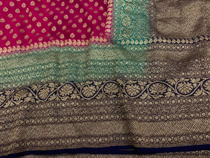 Zynah Pure Handloom Banarasi Woven Khaddi Georgette Saree with Antique Zari Weave, Big Border ; Custom Stitched/Ready-made Blouse, Fall, Petticoat; Shipping available USA, Worldwide