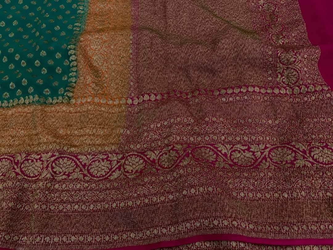 Zynah Pure Handloom Banarasi Woven Khaddi Georgette Saree with Antique Zari Weave, Big Border ; Custom Stitched/Ready-made Blouse, Fall, Petticoat; Shipping available USA, Worldwide