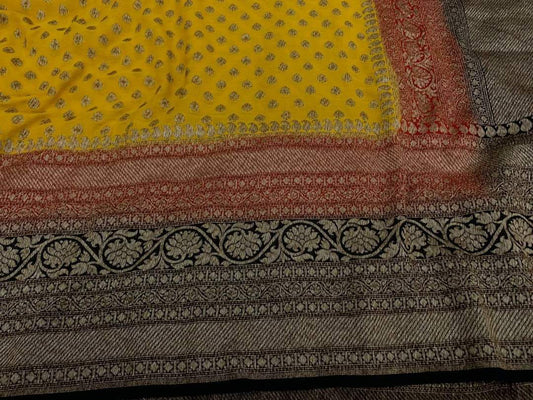 Zynah Pure Handloom Banarasi Woven Khaddi Georgette Saree with Antique Zari Weave, Big Border ; Custom Stitched/Ready-made Blouse, Fall, Petticoat; Shipping available USA, Worldwide