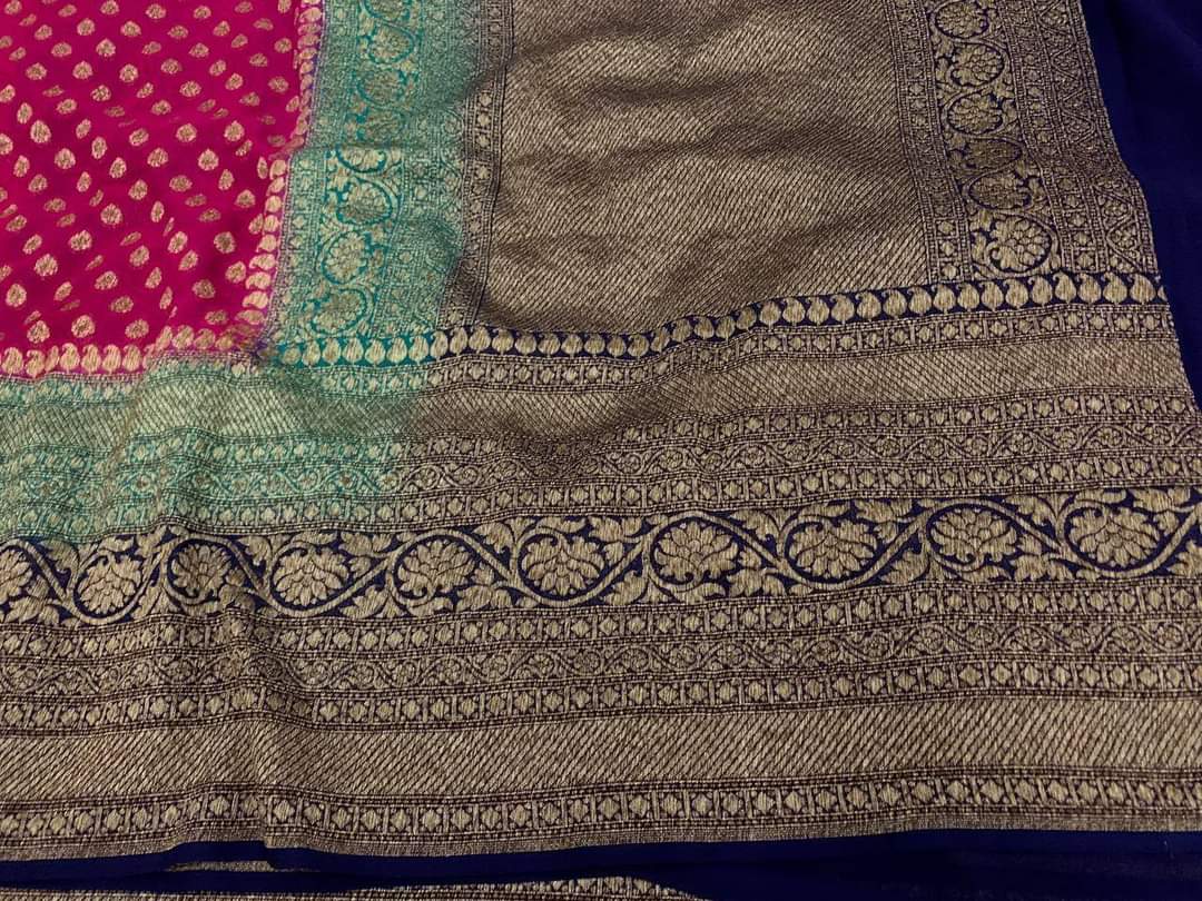 Zynah Pure Handloom Banarasi Woven Khaddi Georgette Saree with Antique Zari Weave, Big Border ; Custom Stitched/Ready-made Blouse, Fall, Petticoat; Shipping available USA, Worldwide