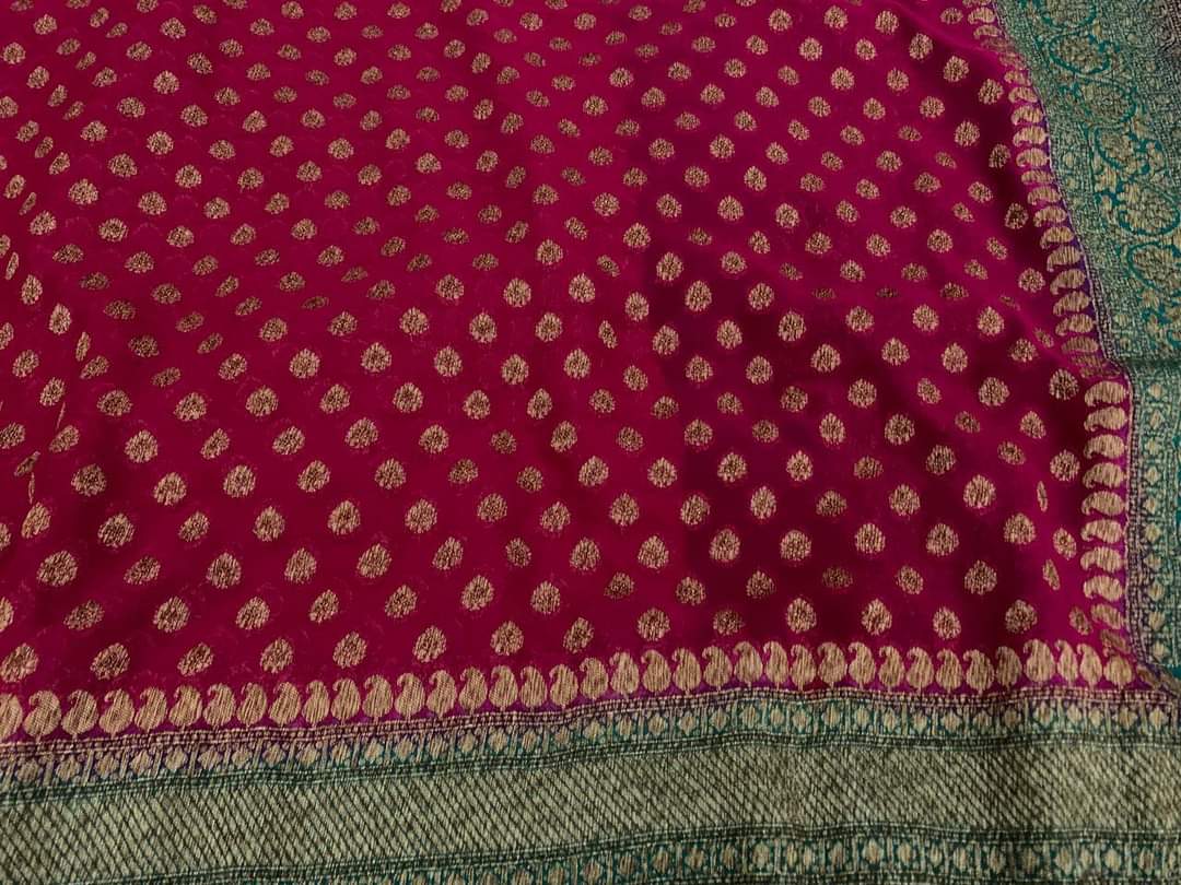 Zynah Pure Handloom Banarasi Woven Khaddi Georgette Saree with Antique Zari Weave, Big Border ; Custom Stitched/Ready-made Blouse, Fall, Petticoat; Shipping available USA, Worldwide