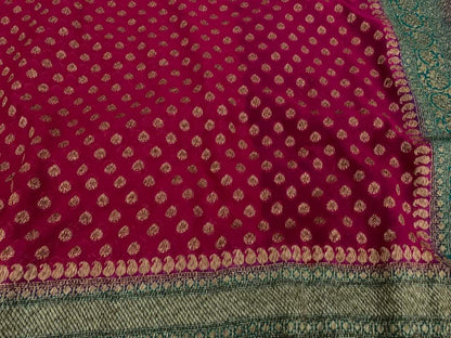 Zynah Pure Handloom Banarasi Woven Khaddi Georgette Saree with Antique Zari Weave, Big Border ; Custom Stitched/Ready-made Blouse, Fall, Petticoat; Shipping available USA, Worldwide