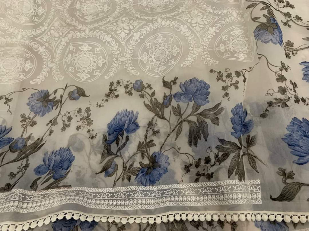 Zynah Pure Organza Saree with Chikankari Body & Floral Printed Border; Custom Stitched/Ready-made Blouse, Fall, Petticoat; Shipping available USA, Worldwide