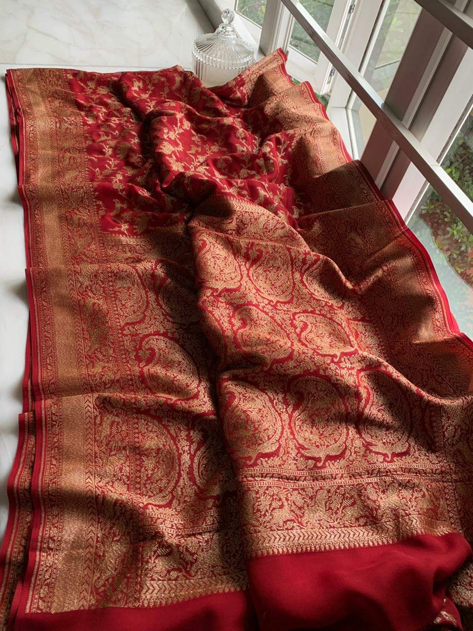 Zynah Pure Banarasi Woven Khaddi Georgette Saree with Antique Zari Shikargah Design Weave; Custom Stitched/Ready-made Blouse, Fall, Petticoat; Shipping available USA, Worldwide