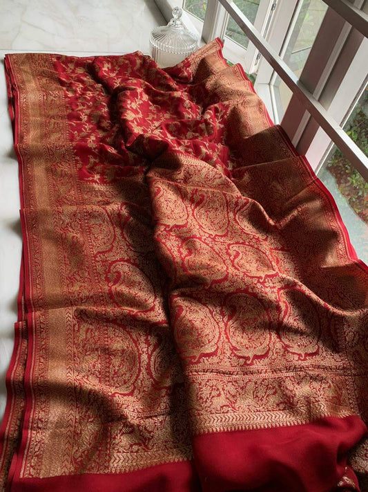 Zynah Pure Banarasi Woven Khaddi Georgette Saree with Antique Zari Shikargah Design Weave; Custom Stitched/Ready-made Blouse, Fall, Petticoat; Shipping available USA, Worldwide