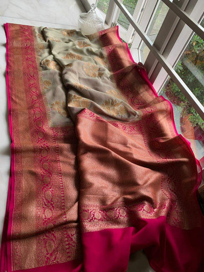 Zynah Pure Handloom Banarasi Woven Khaddi Georgette Saree with Diagonal Antique Stripes; Custom Stitched/Ready-made Blouse, Fall, Petticoat; Shipping available USA, Worldwide