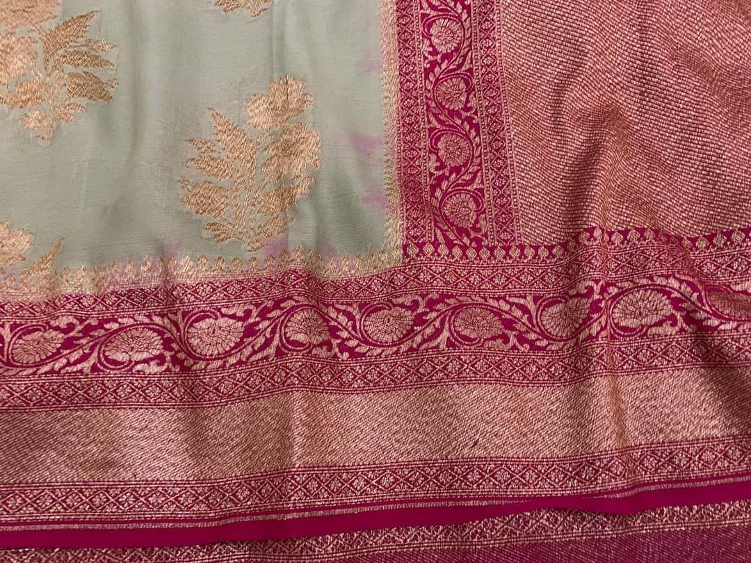 Zynah Pure Handloom Banarasi Woven Khaddi Georgette Saree with Diagonal Antique Stripes; Custom Stitched/Ready-made Blouse, Fall, Petticoat; Shipping available USA, Worldwide