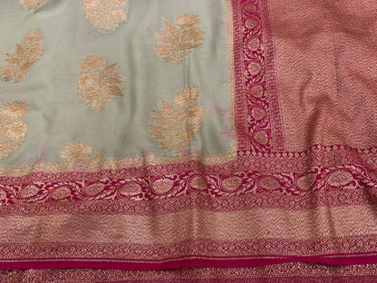 Zynah Pure Handloom Banarasi Woven Khaddi Georgette Saree with Diagonal Antique Stripes; Custom Stitched/Ready-made Blouse, Fall, Petticoat; Shipping available USA, Worldwide