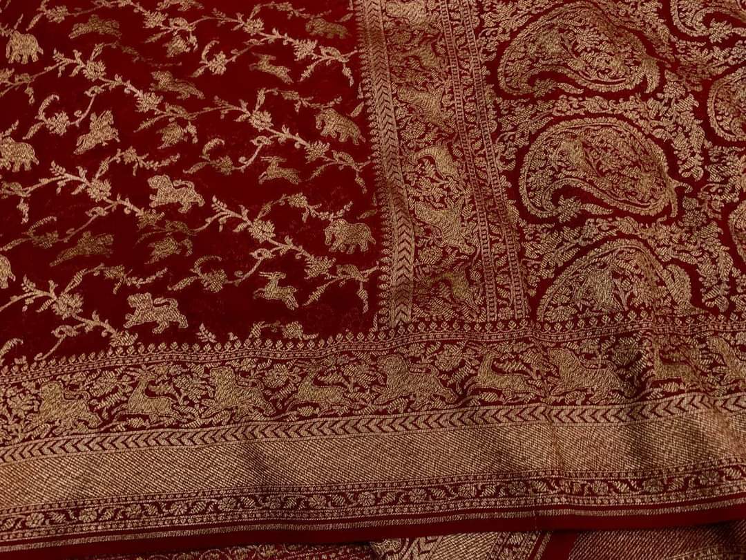 Zynah Pure Banarasi Woven Khaddi Georgette Saree with Antique Zari Shikargah Design Weave; Custom Stitched/Ready-made Blouse, Fall, Petticoat; Shipping available USA, Worldwide