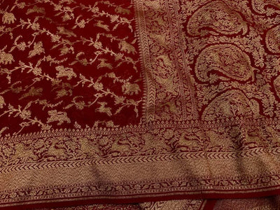Zynah Pure Banarasi Woven Khaddi Georgette Saree with Antique Zari Shikargah Design Weave; Custom Stitched/Ready-made Blouse, Fall, Petticoat; Shipping available USA, Worldwide