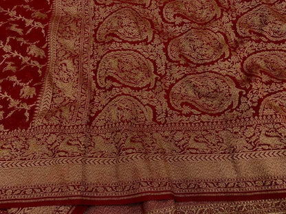 Zynah Pure Banarasi Woven Khaddi Georgette Saree with Antique Zari Shikargah Design Weave; Custom Stitched/Ready-made Blouse, Fall, Petticoat; Shipping available USA, Worldwide